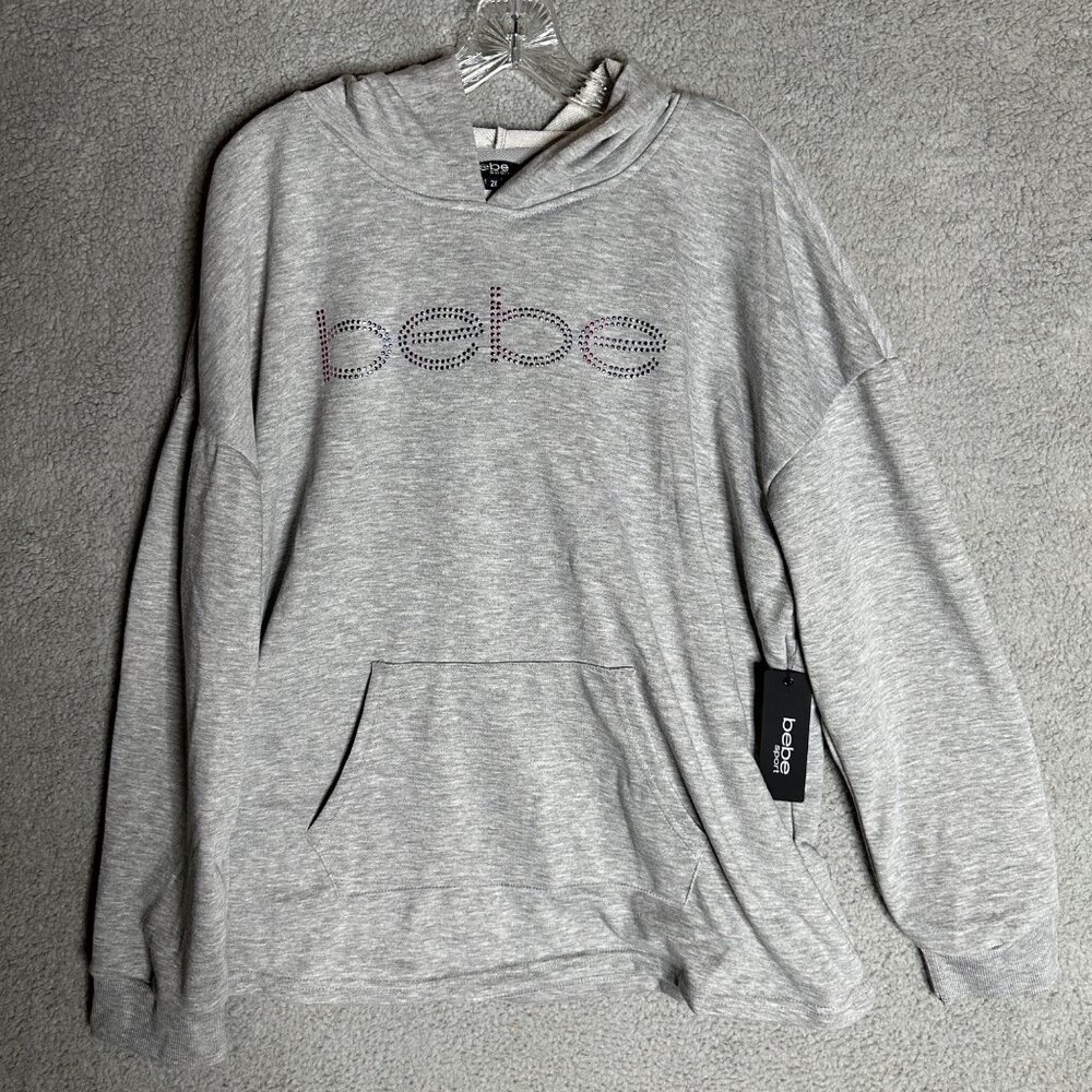 Bebe Sport Women's 2X Hoodie Sweatshirt Heather Gray‎ Rhinestone Logo Athleisure